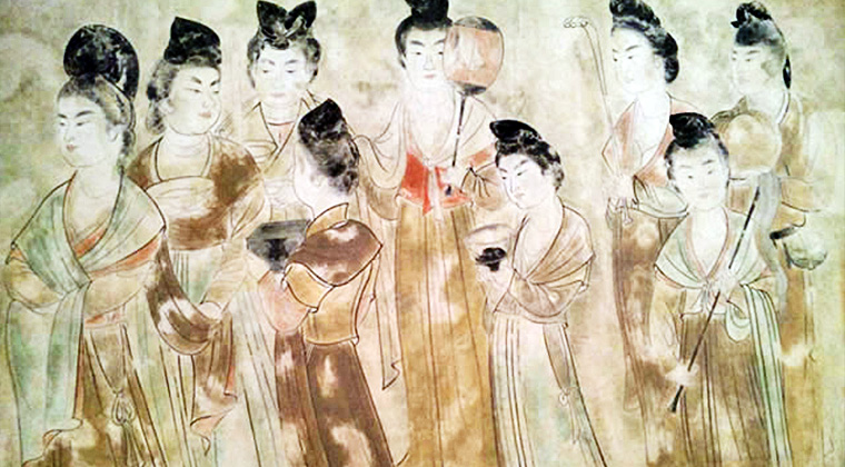 九名侍女図（西安郊外、永泰公主墓（8世紀初）壁画の模写）