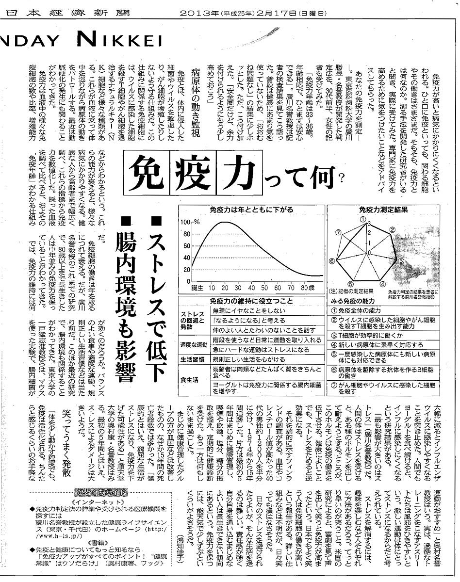 日本経済新聞2月17日SUNDAY NIKKEI「免疫力って何？」